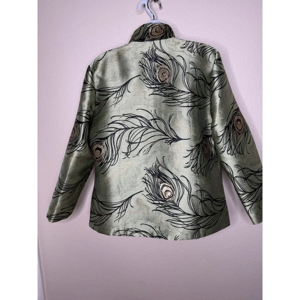Grace Chuang New York Feather Print Open Jacket Sz S Multicolor Reversible Green - Picture 10 of 16